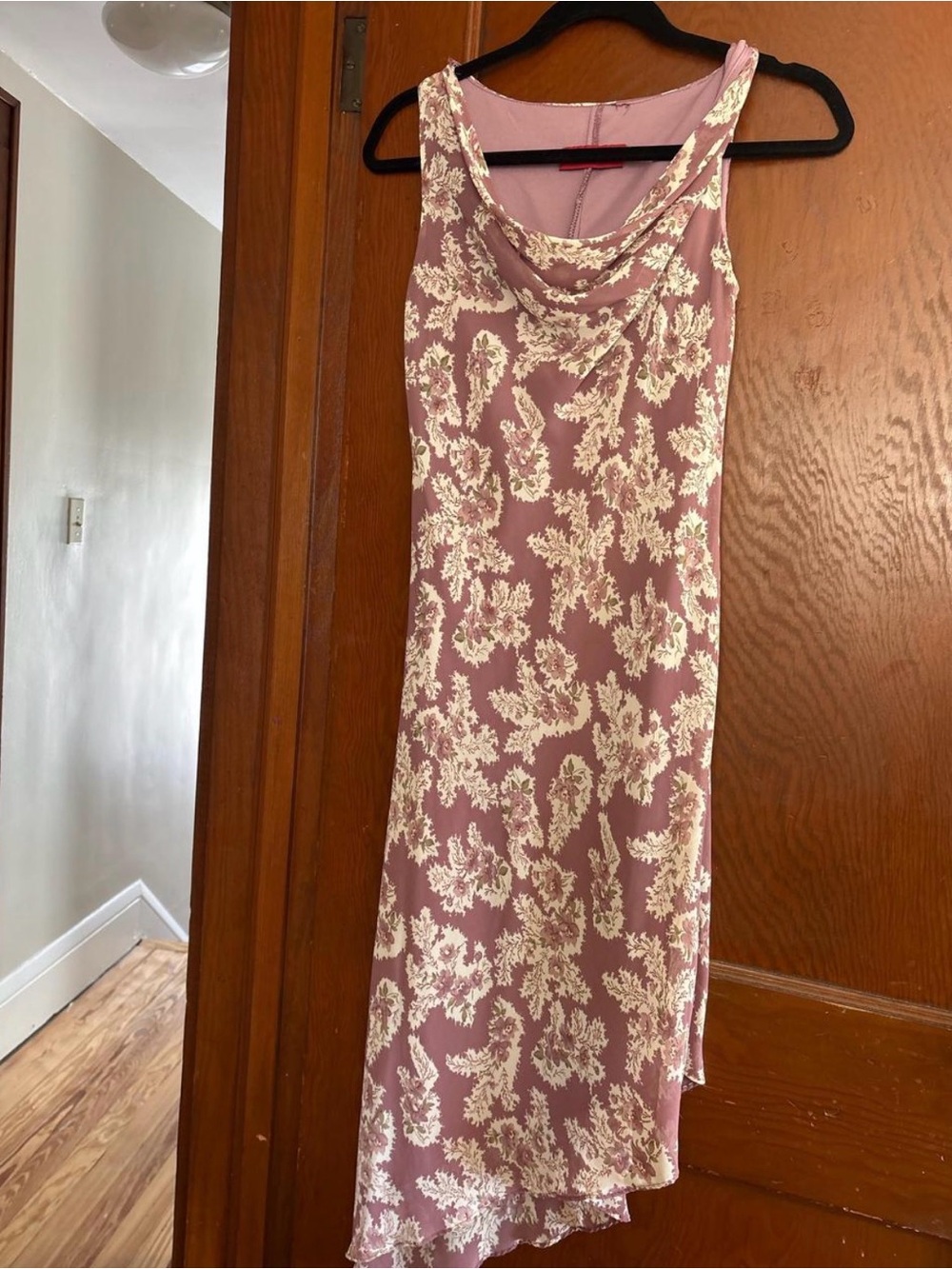 Alyn Paige Rose Pink and Cream Asymmetrical Cowl Neck Dress